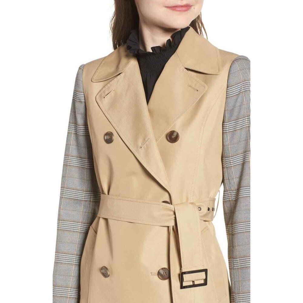 Mural Trench Coat Plaid Sleeve Double Breasted Coat Jacket SZ S New - Picture 3 of 4